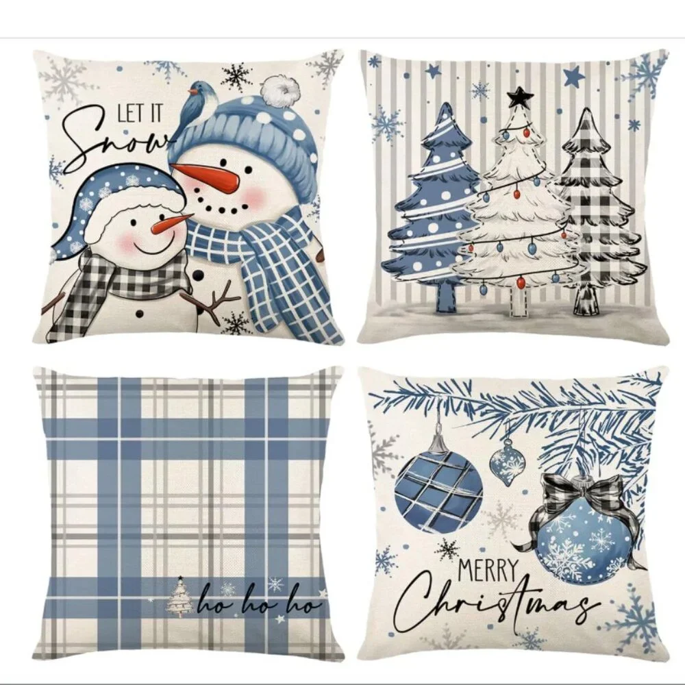 NEW SET OF 4 CHRISTMAS COTTON LINEN BLEND CHRISTMAS SEASONAL PILLOW COVERS 18